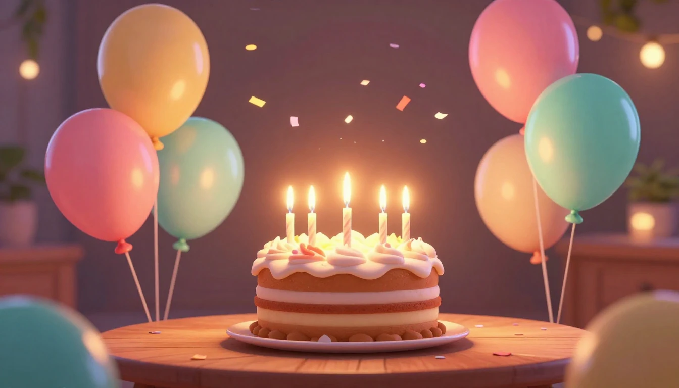 A warm and joyful 3D animated style scene celebrating a birt...