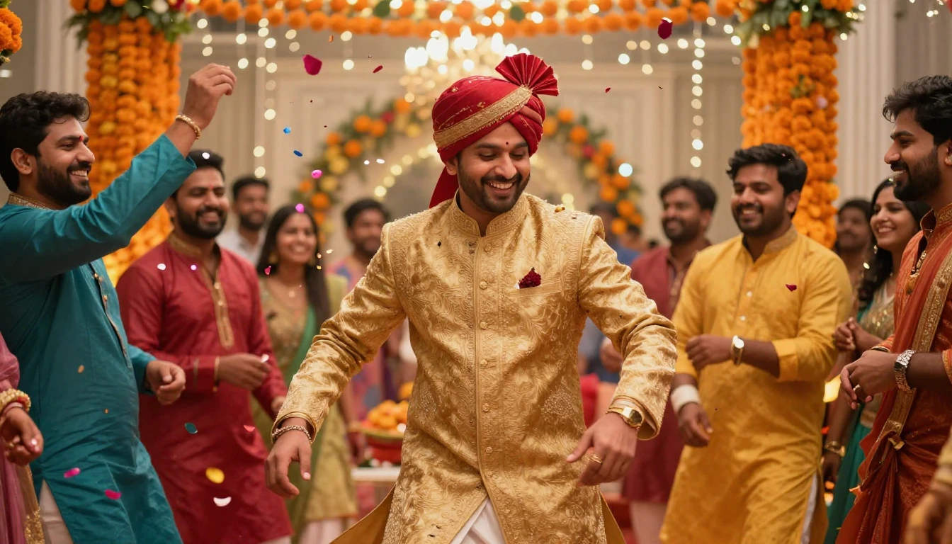 A cinematic, high-resolution shot of an Indian wedding celeb...