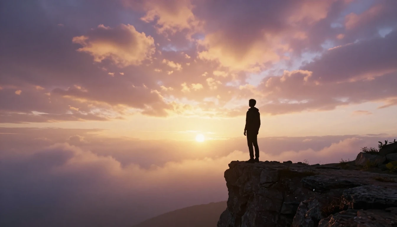 A cinematic wide shot of a lone silhouette standing at the e...