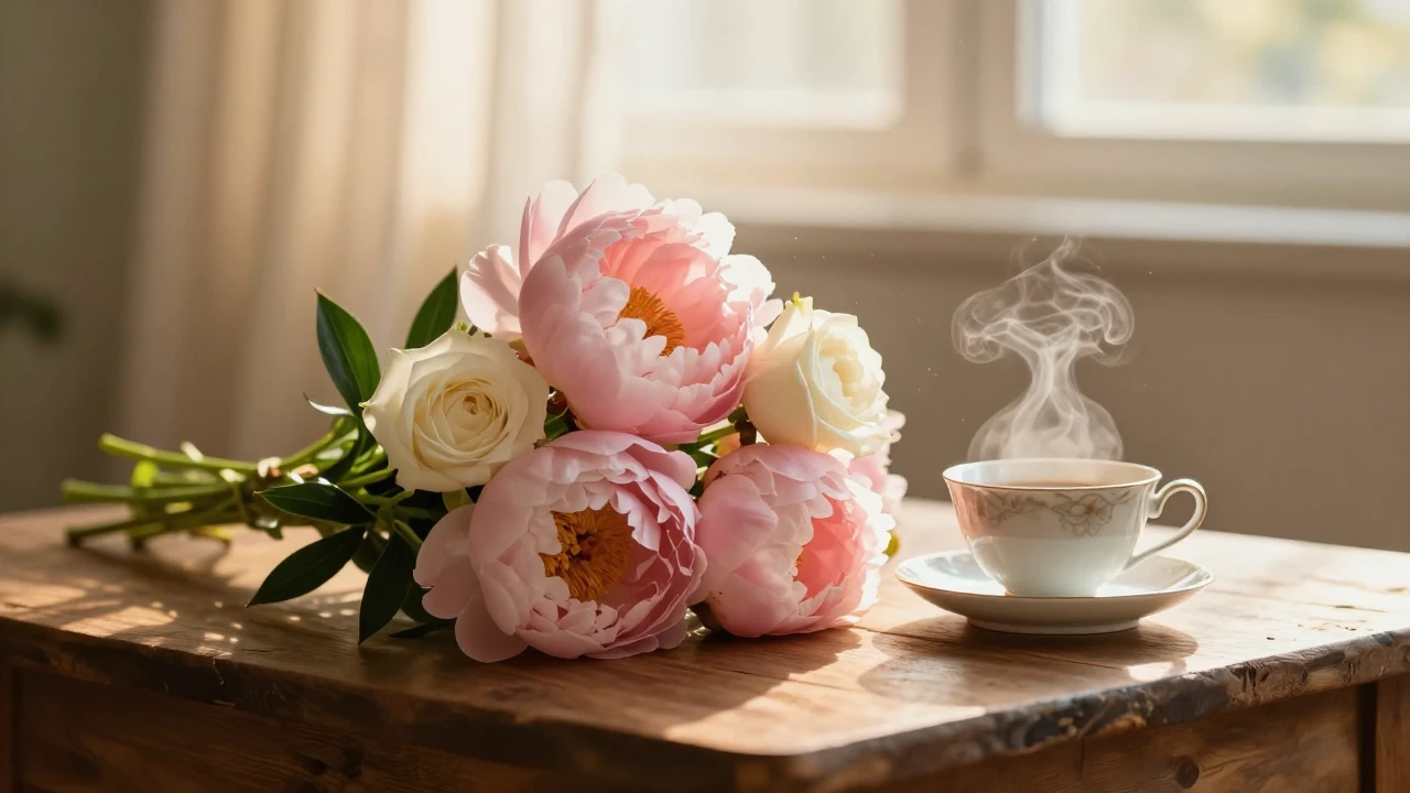 A warm and touching scene with a beautiful bouquet of pastel...