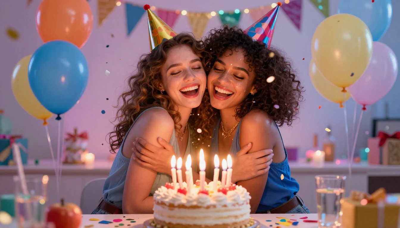 A vibrant and cheerful birthday party scene featuring two be...