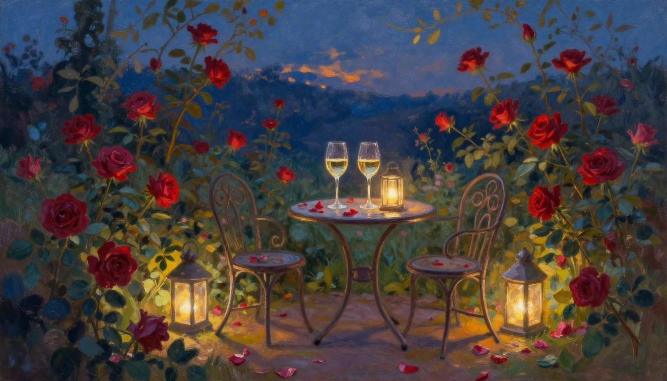 A lush oil painting of a serene garden at twilight. Two eleg...