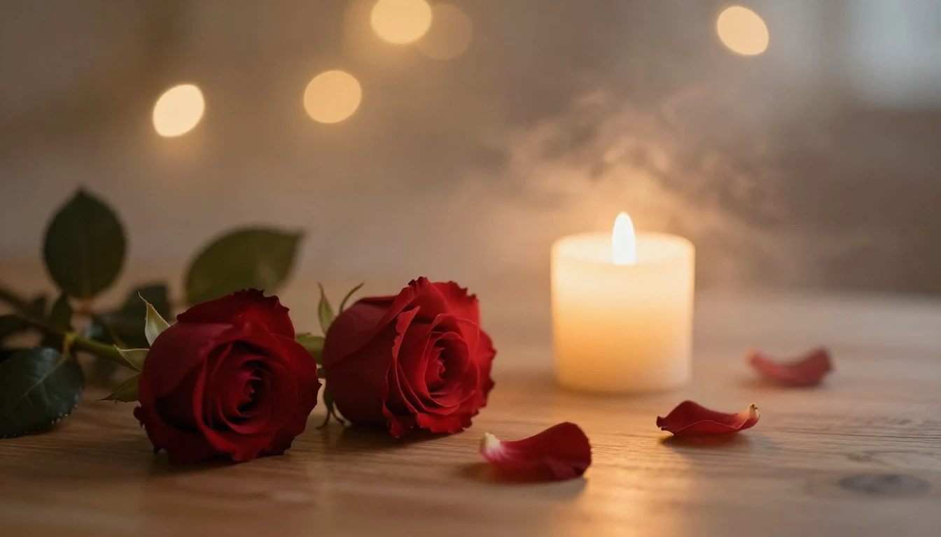 A soft and ethereal scene featuring two delicate red roses l...