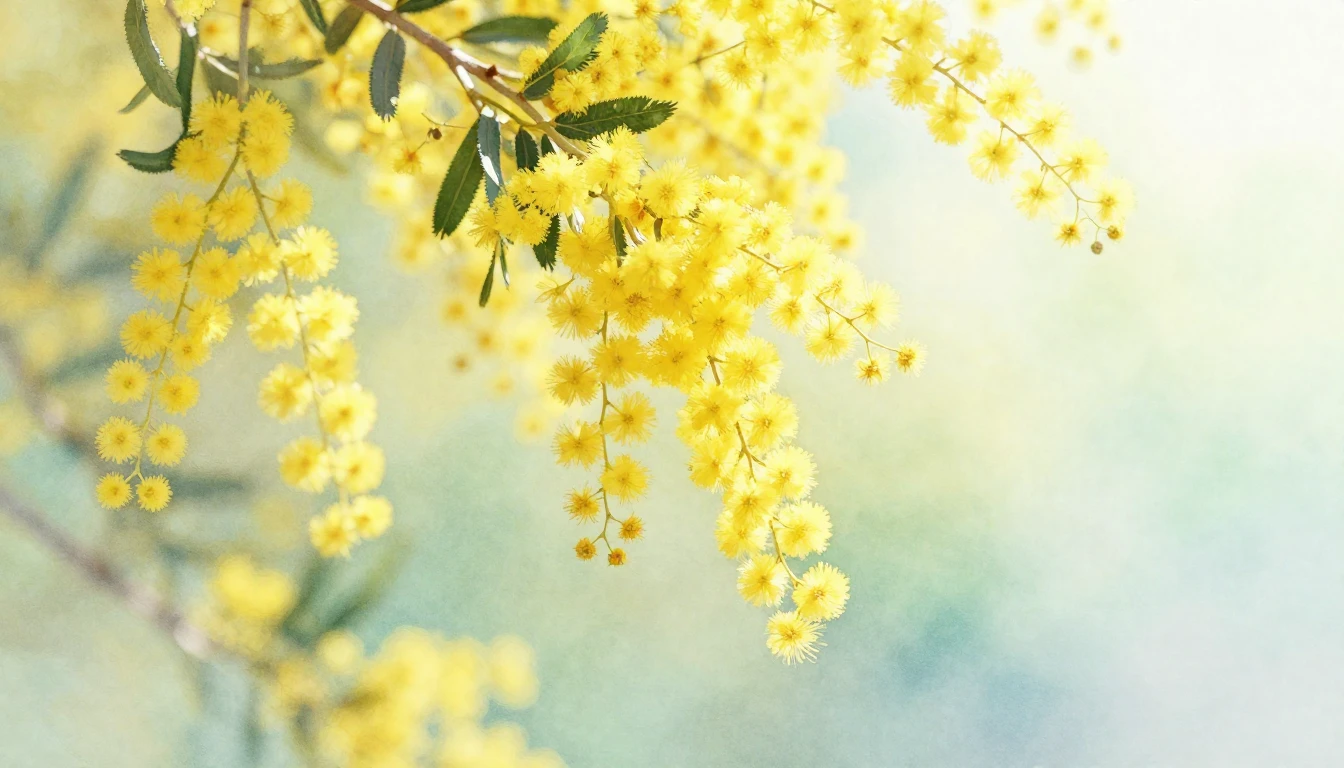 A delicate watercolor painting of bright yellow mimosa branc...