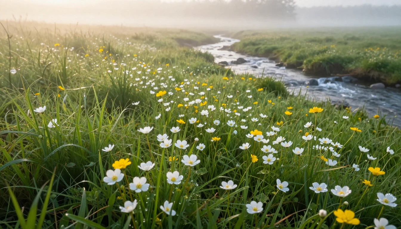 A breathtaking landscape of a lush green meadow at sunrise. ...