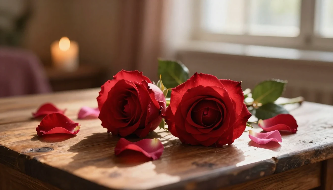 A dreamy and ethereal scene featuring two delicate red roses...