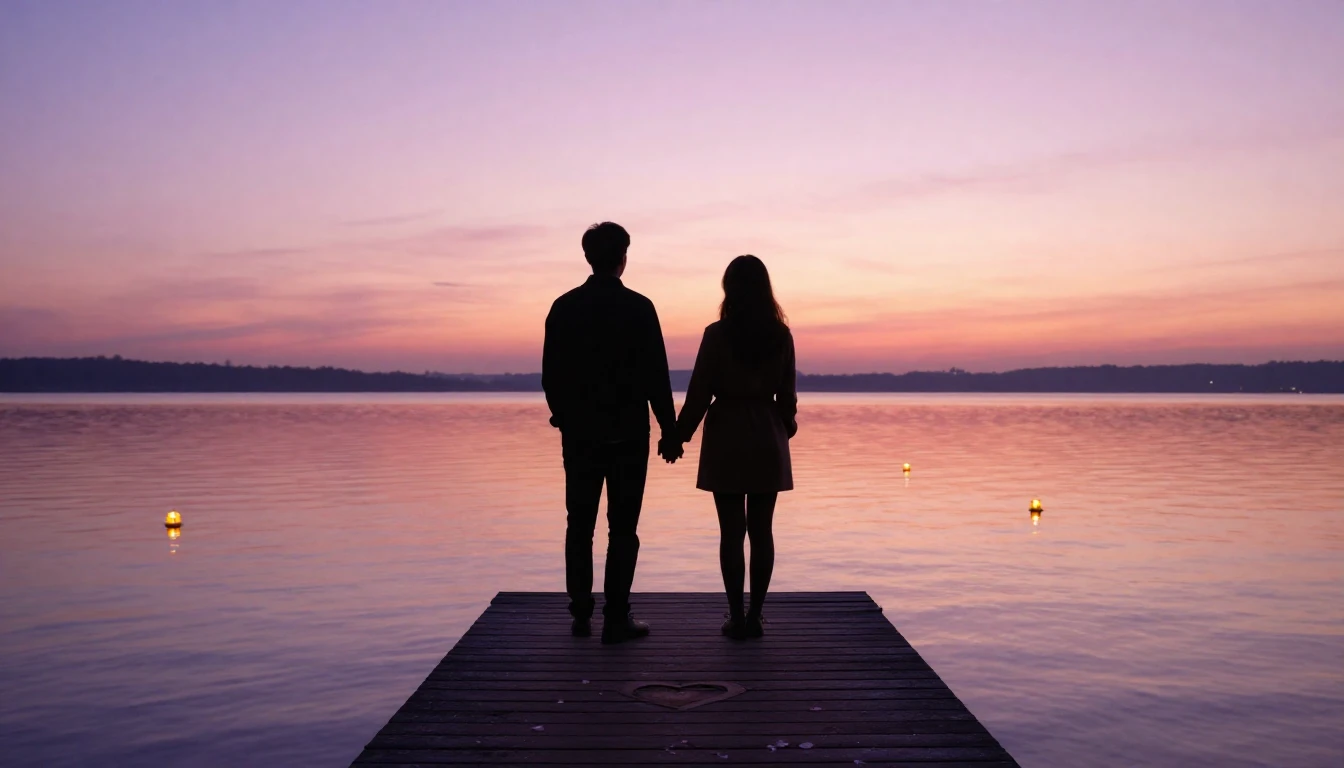 A romantic and atmospheric scene showing two silhouettes of ...