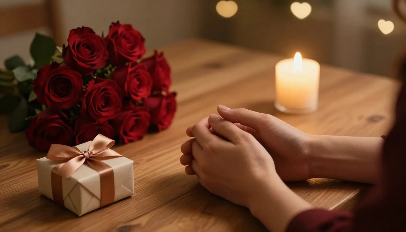 A romantic and intimate scene featuring a cozy wooden table ...