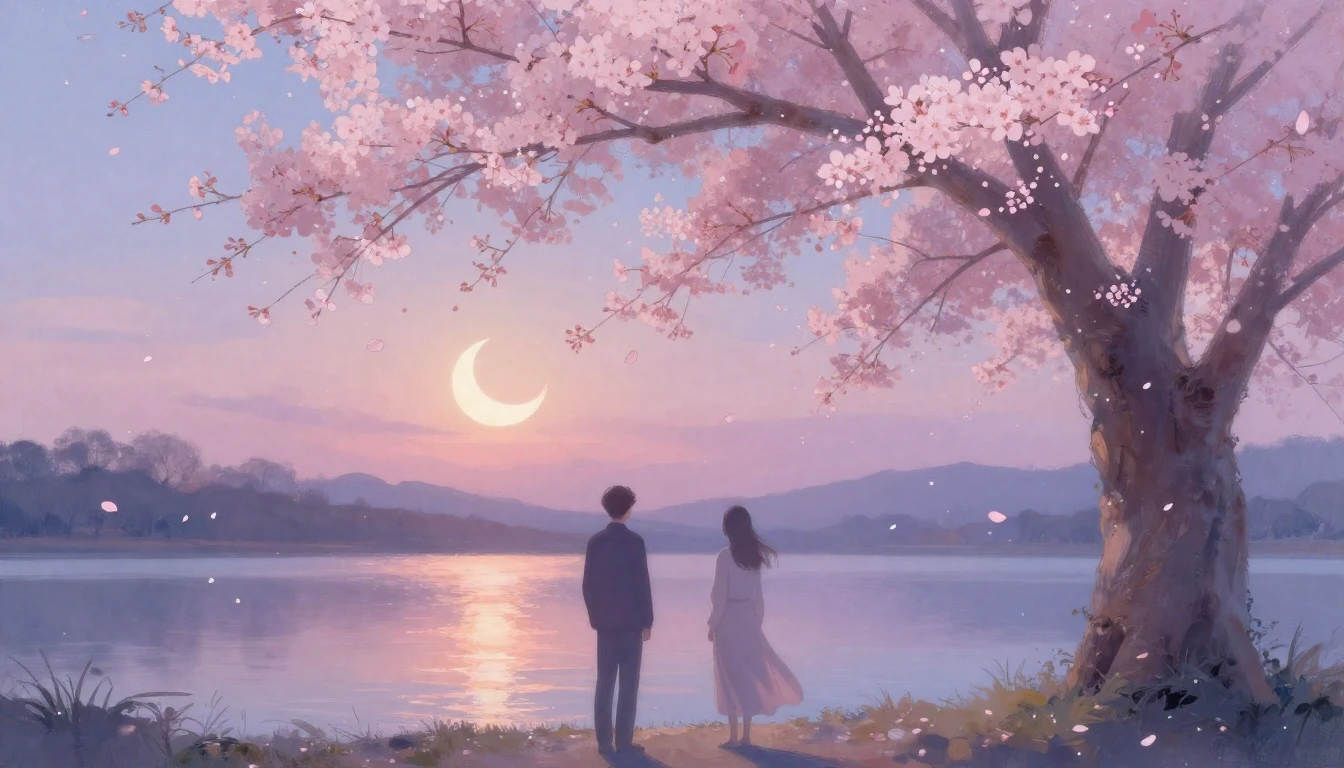 A dreamy and ethereal painting of two silhouettes standing u...