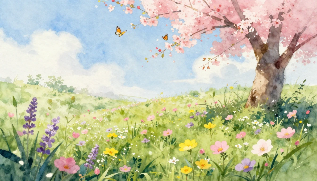 A vibrant watercolor painting of a lush meadow filled with b...
