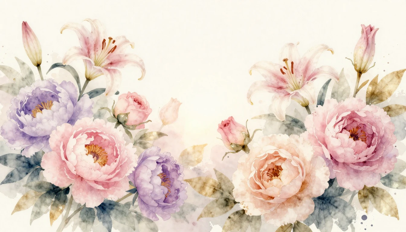 A delicate watercolor painting featuring a variety of bloomi...