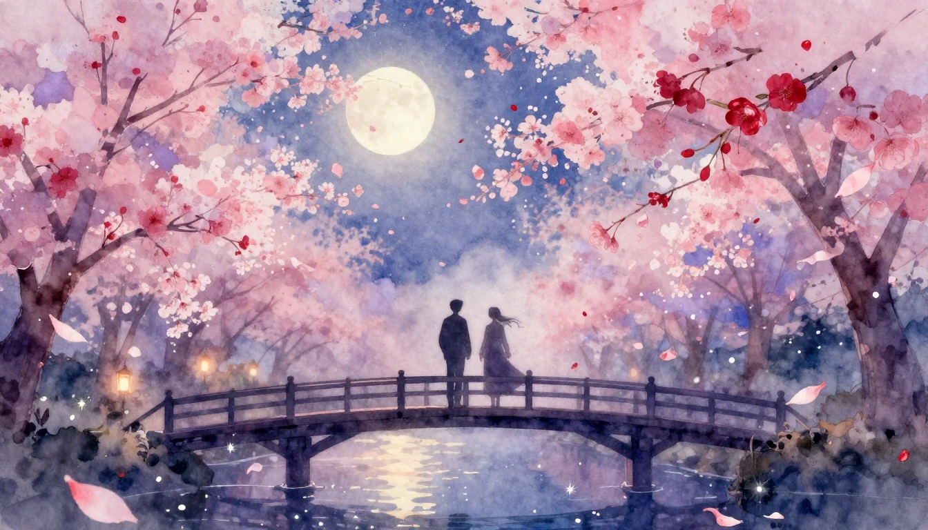 A dreamy and ethereal watercolor painting of two silhouettes...