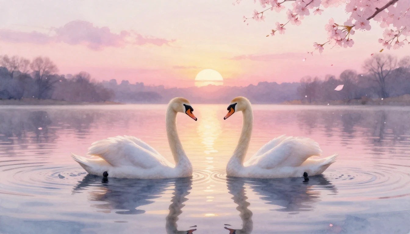 A dreamy watercolor painting of two elegant swans gliding on...