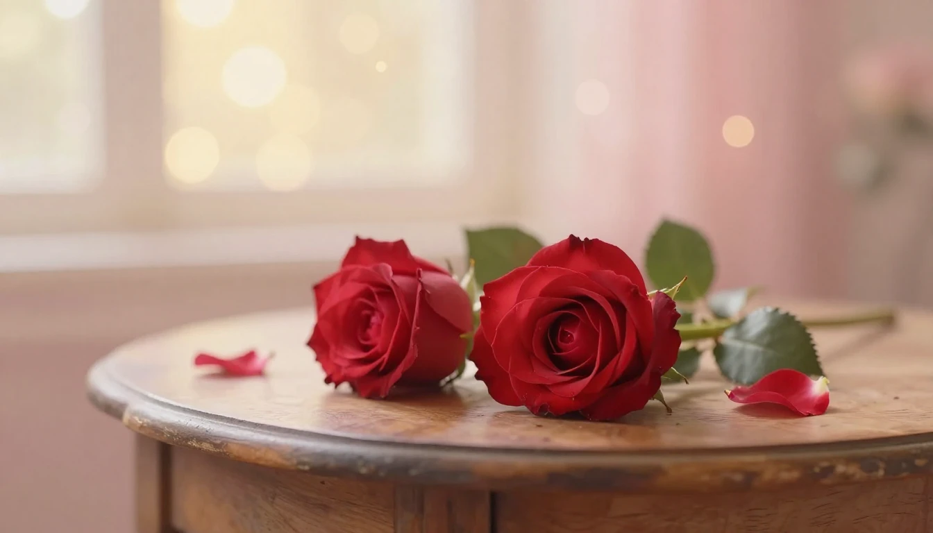 A soft and ethereal painting depicting two delicate red rose...