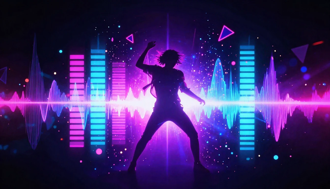 A vibrant and dynamic music album cover showing abstract glo...