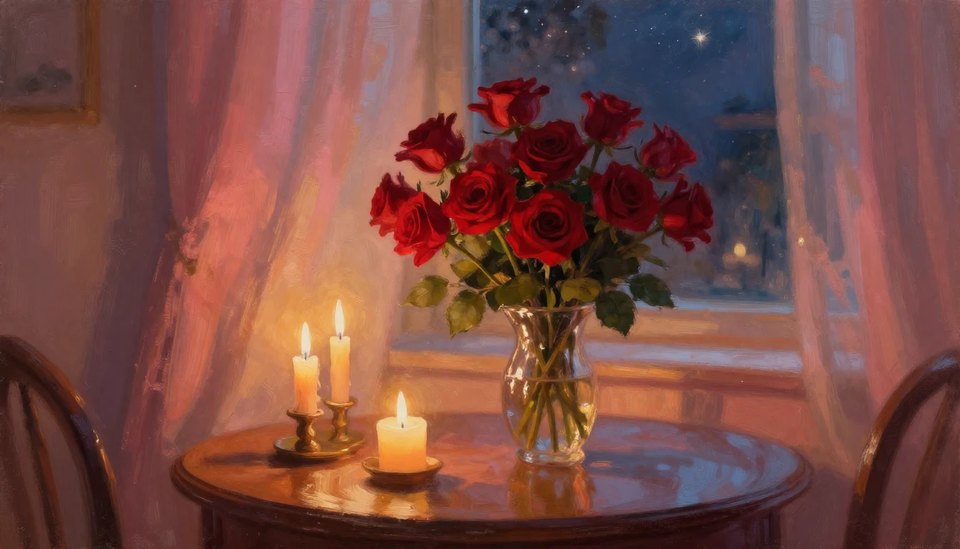 An impressionist painting of a cozy, candlelit room at dusk....