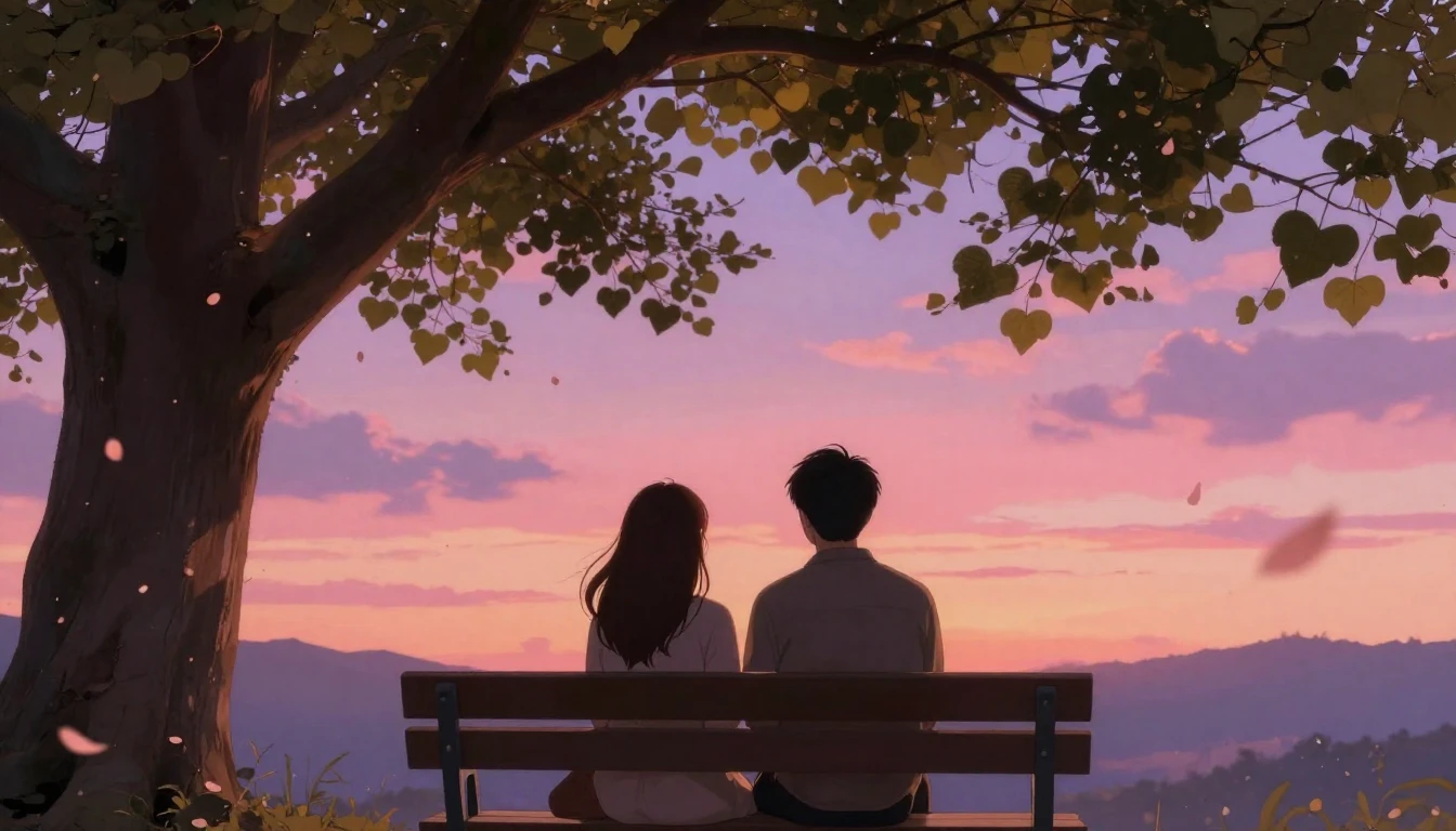 A romantic scene of a couple sitting on a bench under a larg...