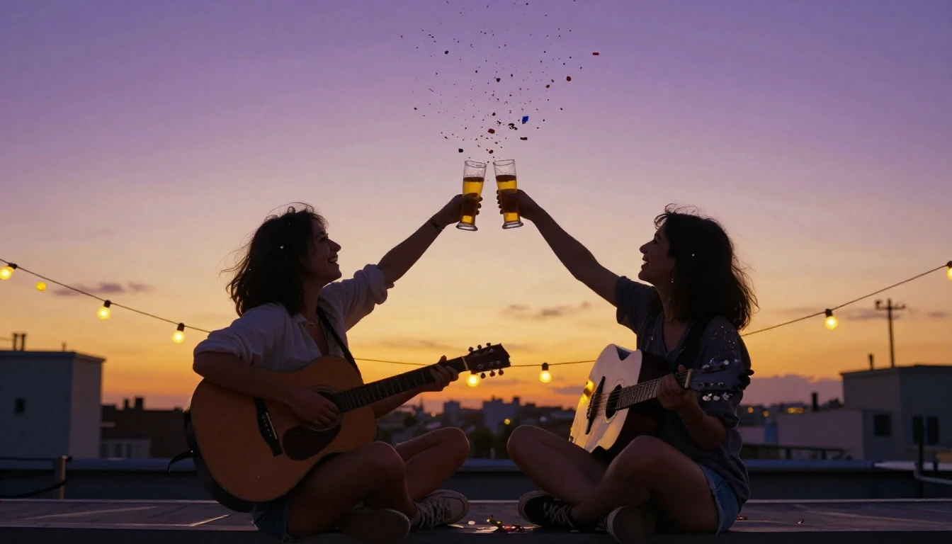 A vibrant and joyful scene celebrating friendship. Two frien...