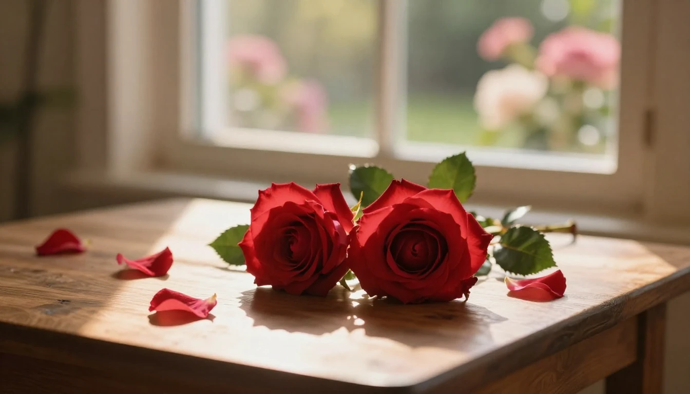A dreamy and romantic scene featuring two delicate red roses...