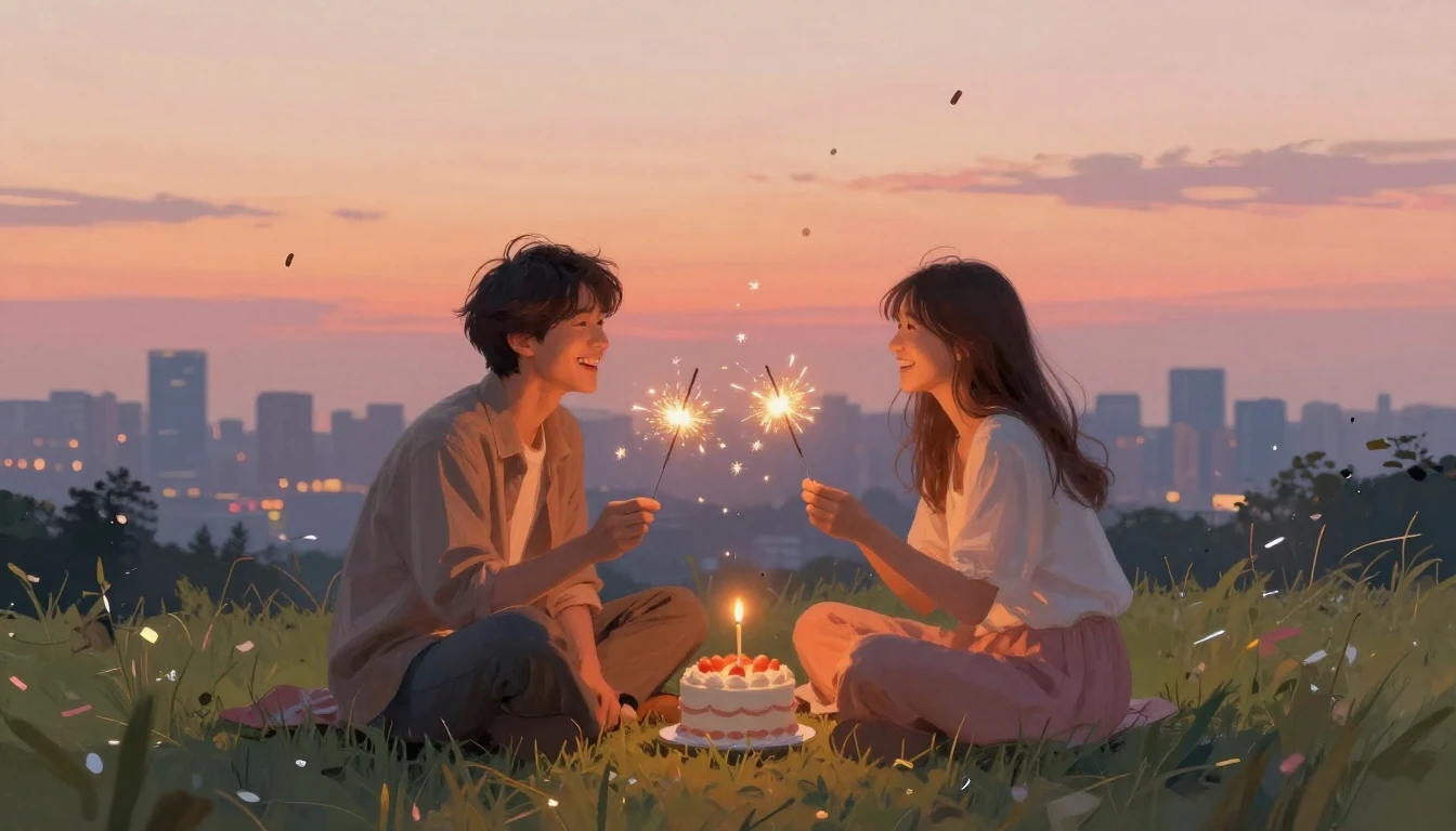 Two best friends sitting side by side on a grassy hill overl...