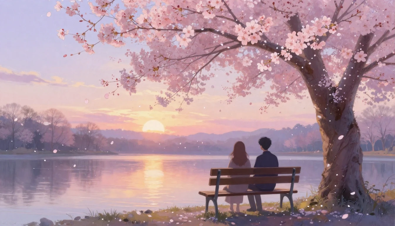 A beautiful painting of two silhouettes sitting on a bench u...