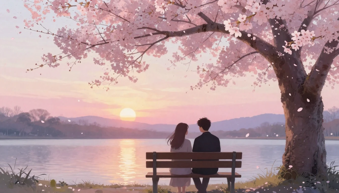 A beautiful and romantic scene featuring two silhouettes sit...