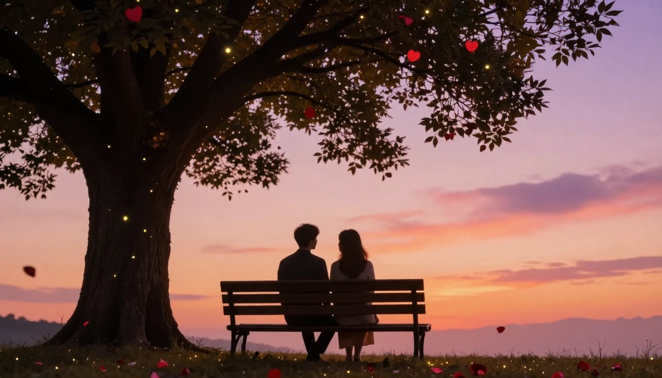 A romantic scene depicting a silhouette of a couple sitting ...
