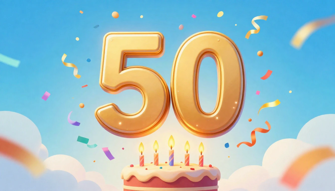 A festive and vibrant album cover design celebrating a 50th ...