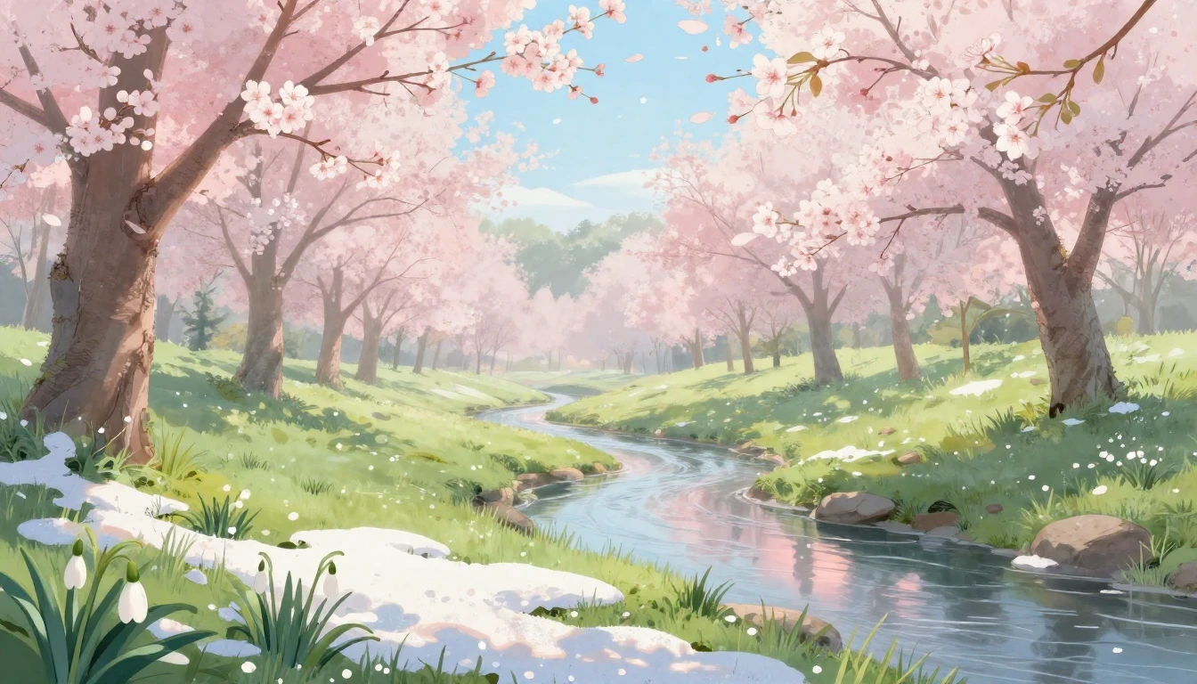 A serene landscape depicting the first day of spring. Soft p...
