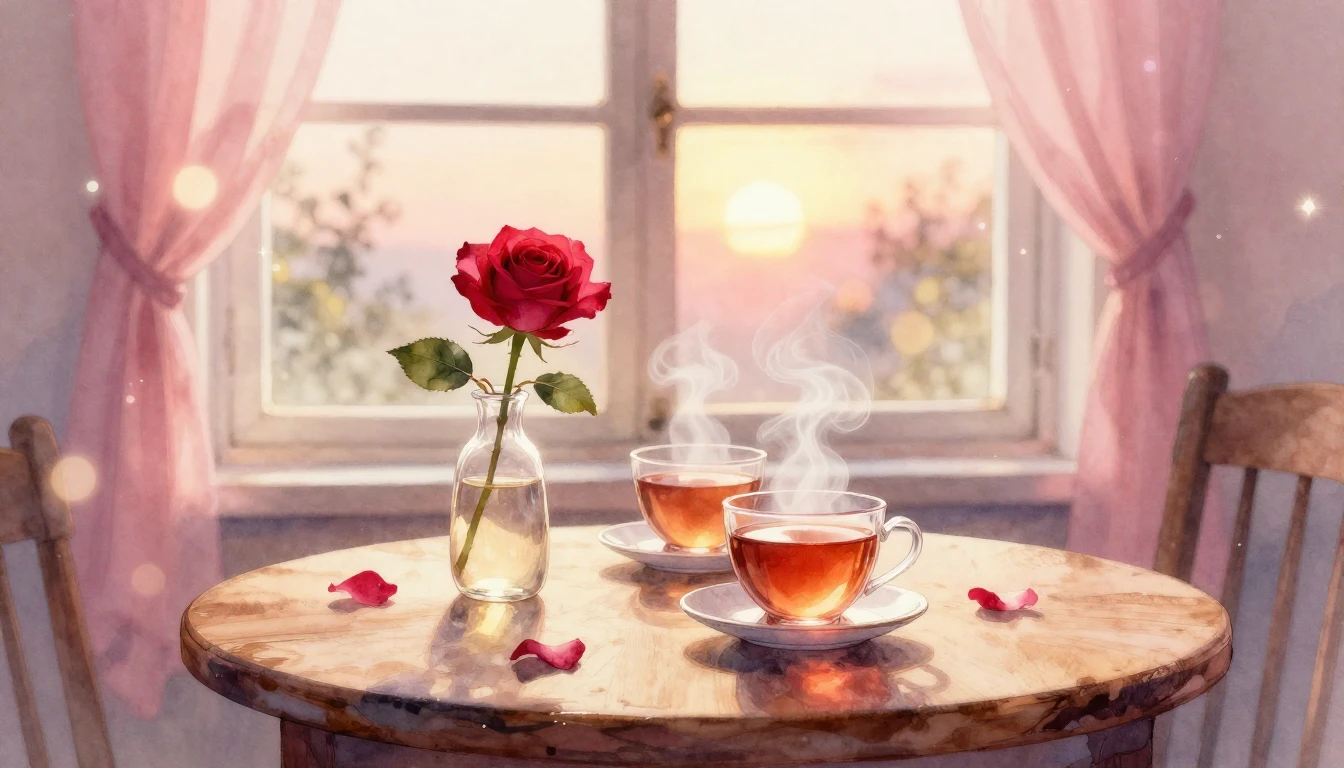 A delicate watercolor painting of a cozy interior during sun...