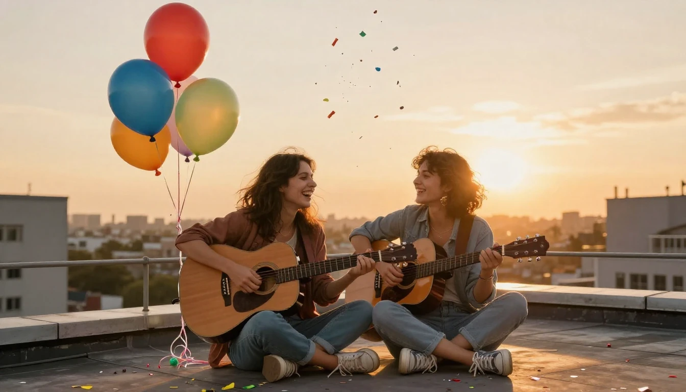 A heartwarming scene of two best friends sitting on a roofto...