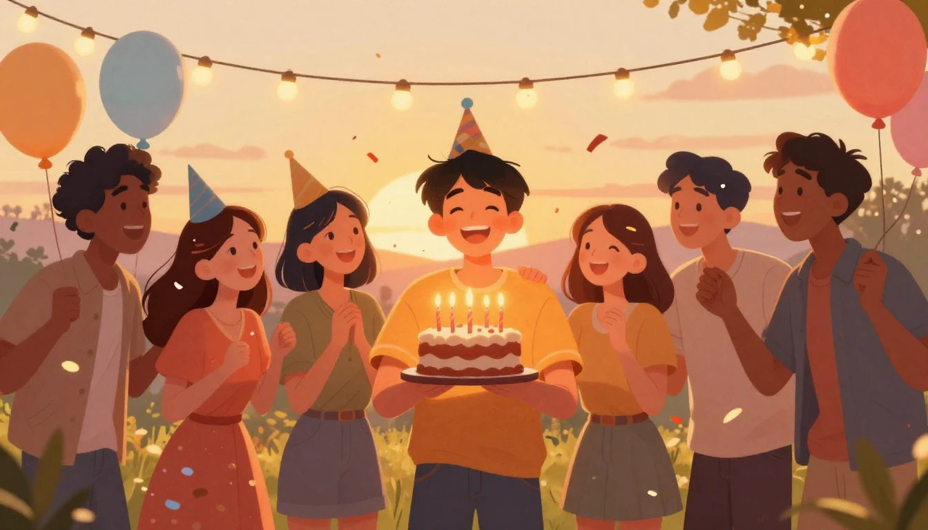 A warm and festive illustration of a group of friends celebr...