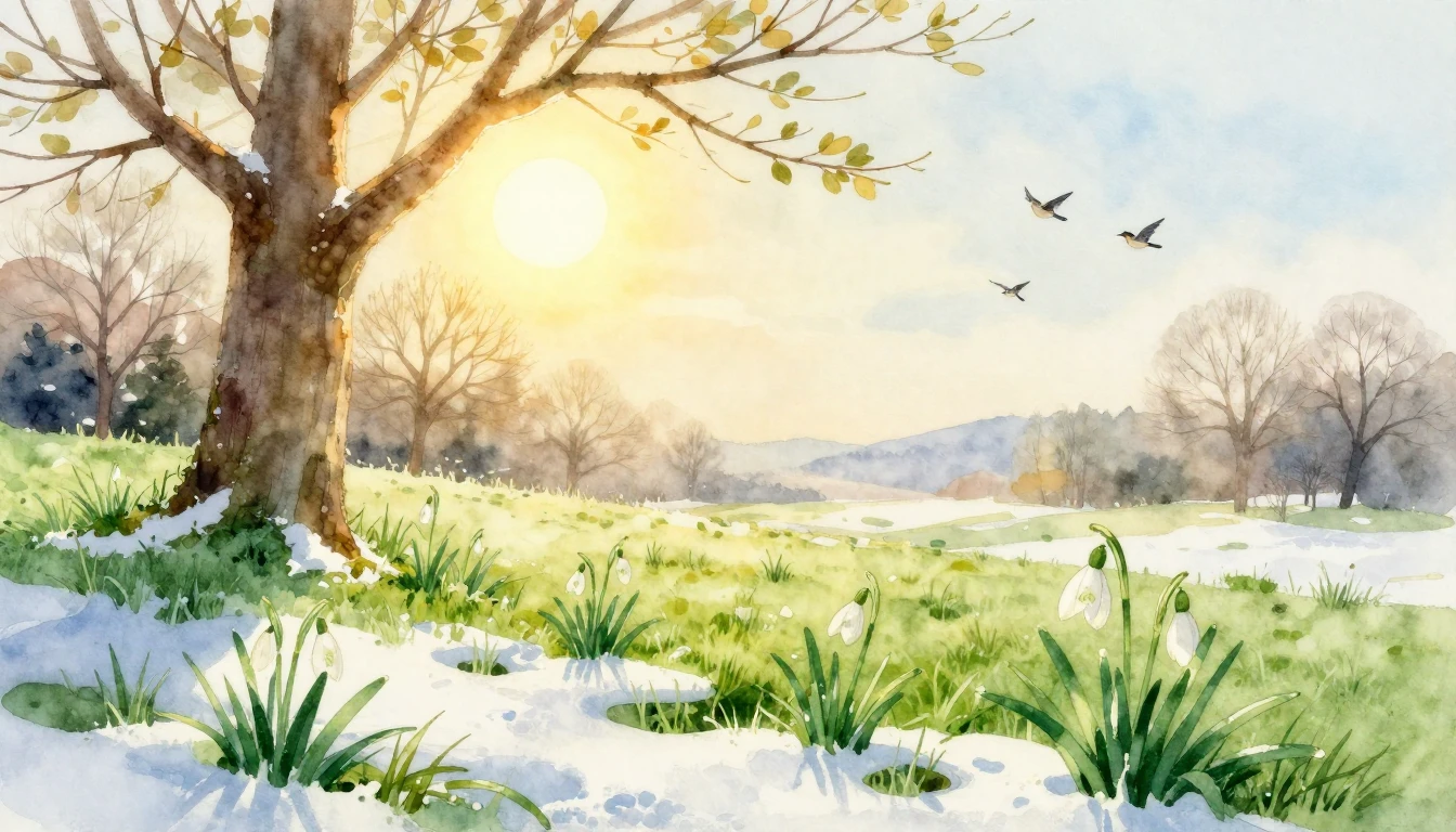 A beautiful watercolor painting of a serene landscape transi...