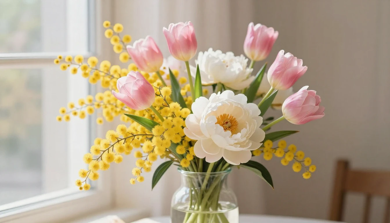 A beautiful and vibrant bouquet of spring flowers, including...