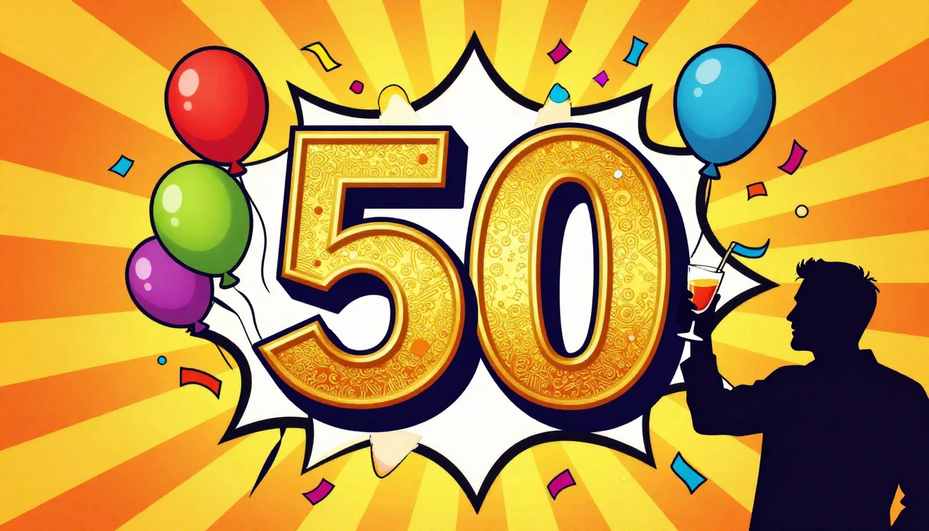 A vibrant and energetic 50th birthday celebration album cove...