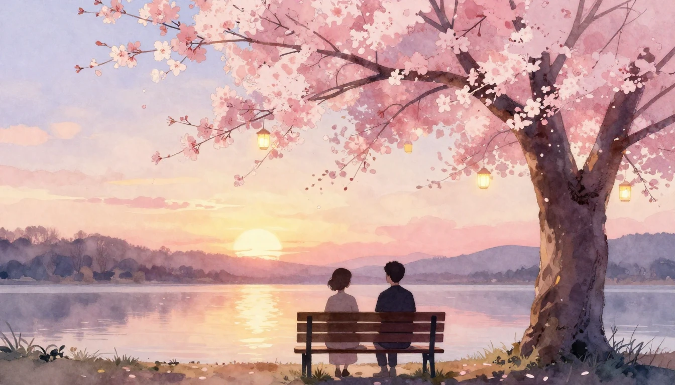 A delicate watercolor painting of two stylized silhouettes s...