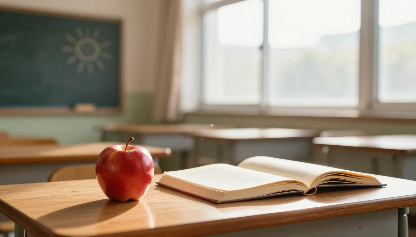 A warm and inviting classroom setting with a wooden desk, a ...