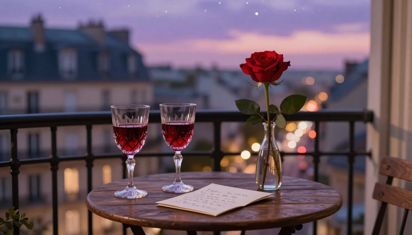 A highly romantic and intimate scene set on a small balcony ...