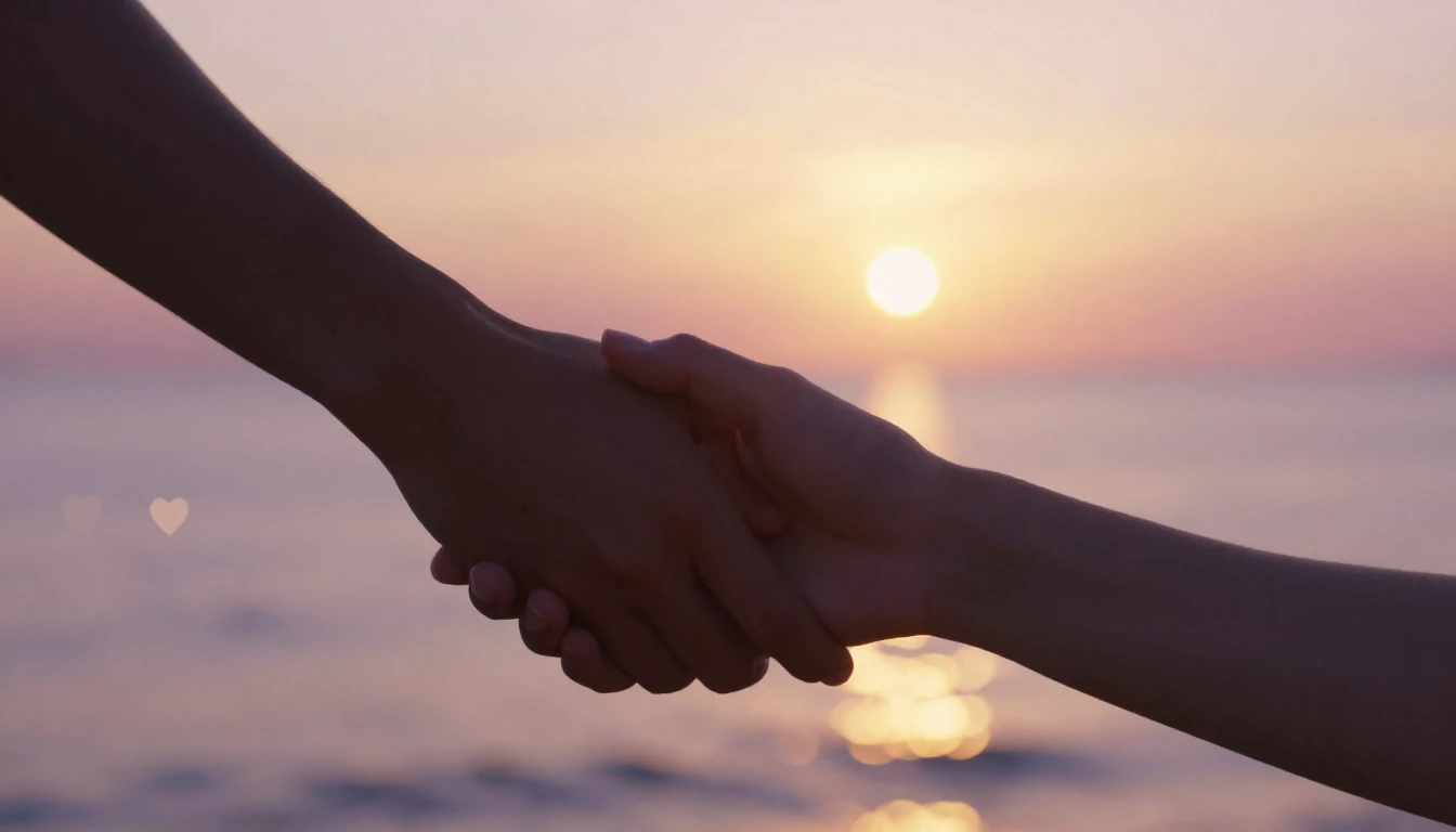 A cinematic, romantic close-up shot of two hands gently hold...