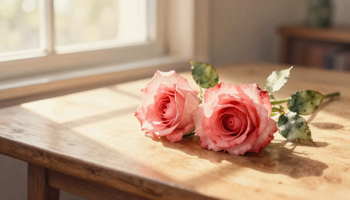 A delicate watercolor painting of two intertwined roses rest...