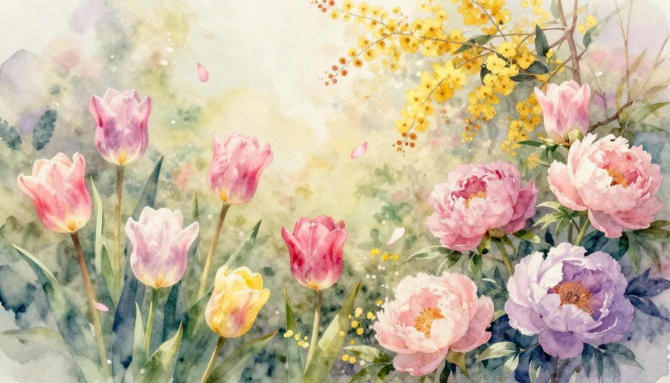 A beautiful and vibrant watercolor painting of a lush spring...