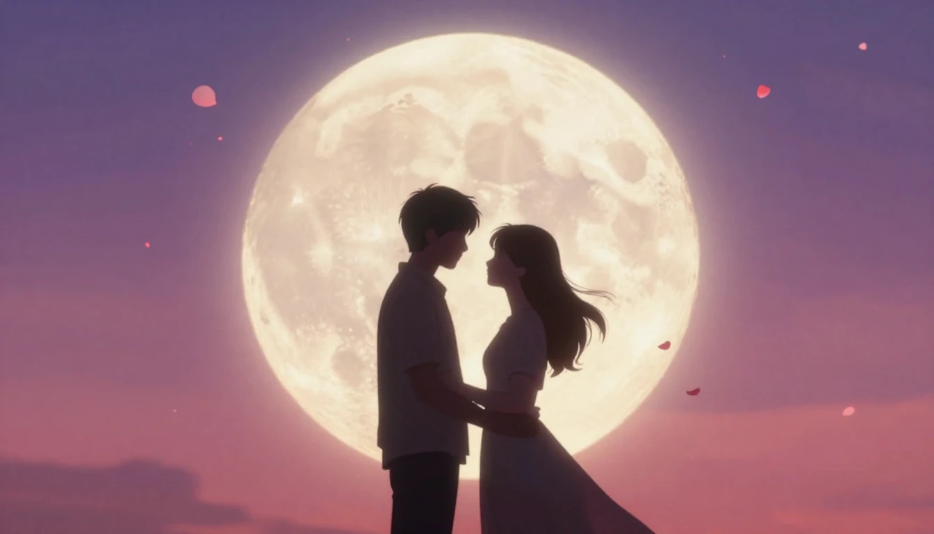 A romantic and soft composition featuring two silhouettes of...