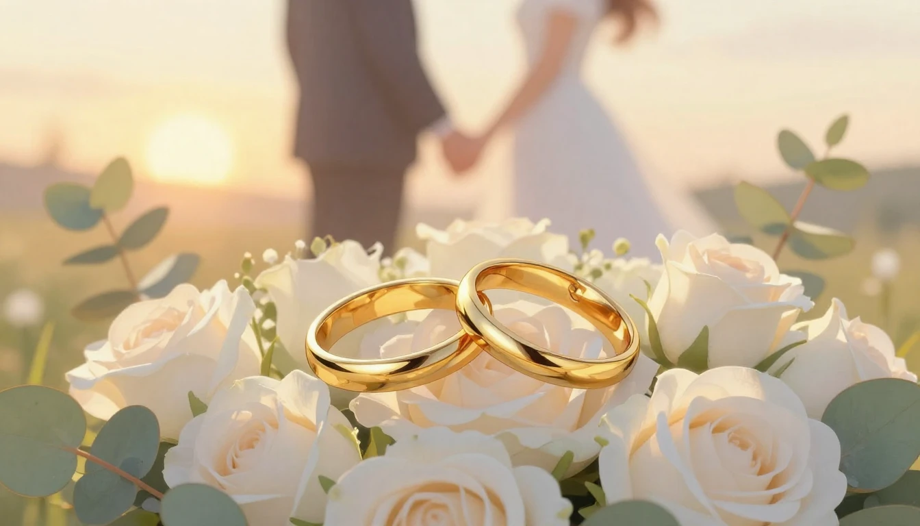 A romantic and elegant illustration of two golden wedding ri...