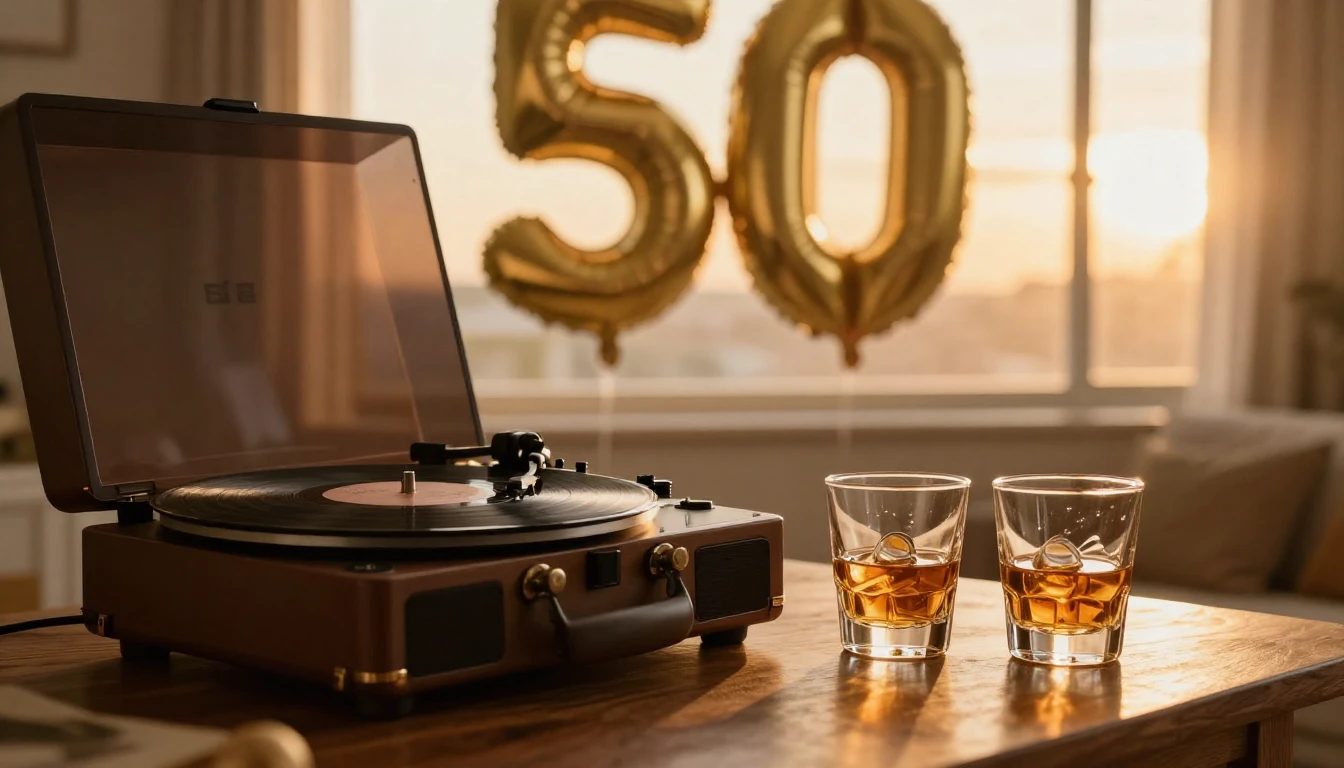 A warm and nostalgic scene featuring a vintage vinyl record ...