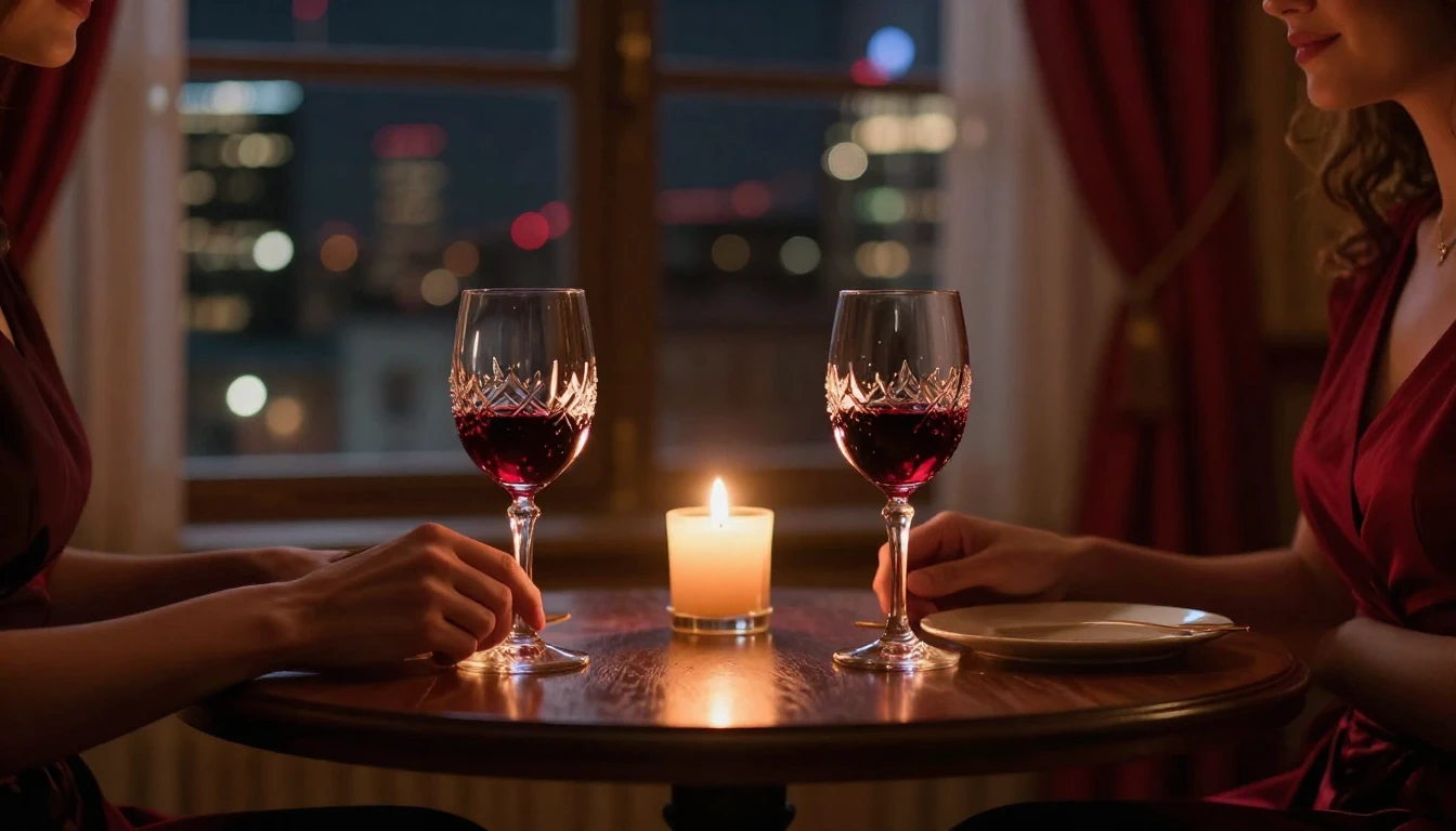 A cinematic close-up of a small wooden table set for two in ...