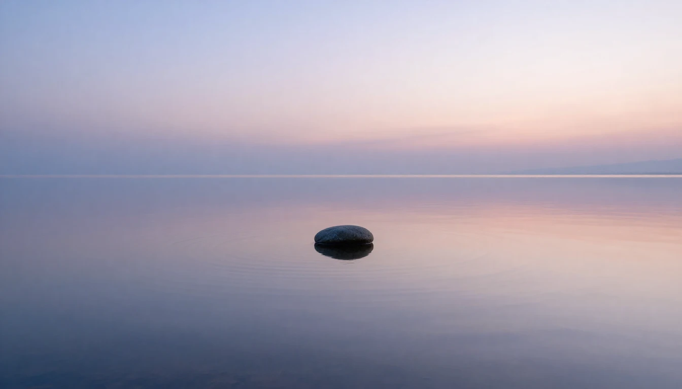 A serene and minimalist landscape featuring a calm, mirror-l...