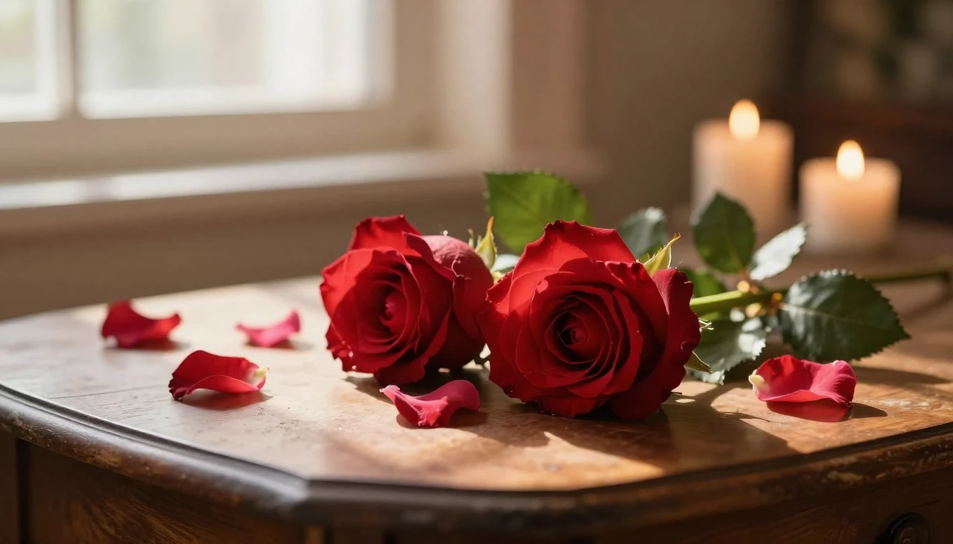 A beautiful and delicate scene featuring two intertwined red...