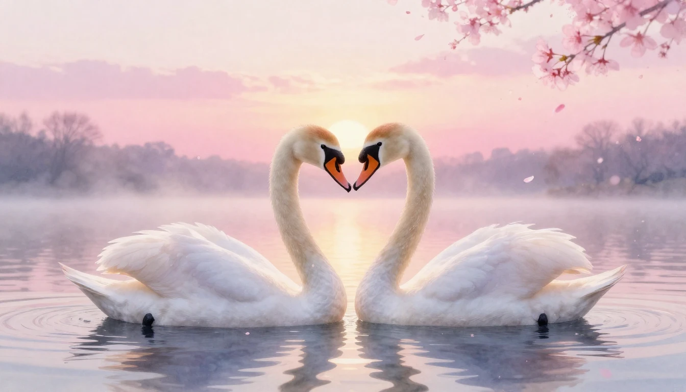 A beautiful watercolor painting of two elegant swans forming...