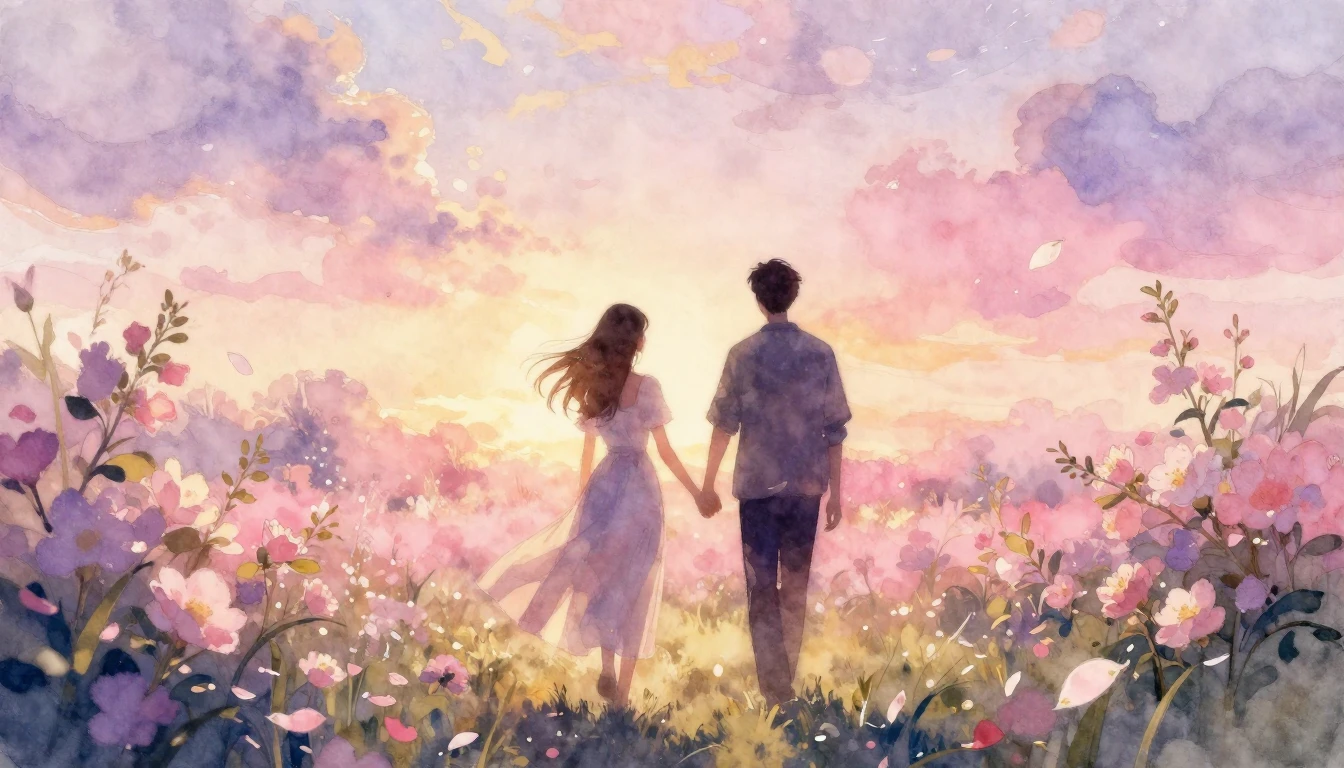 A beautiful watercolor painting of two silhouettes walking h...