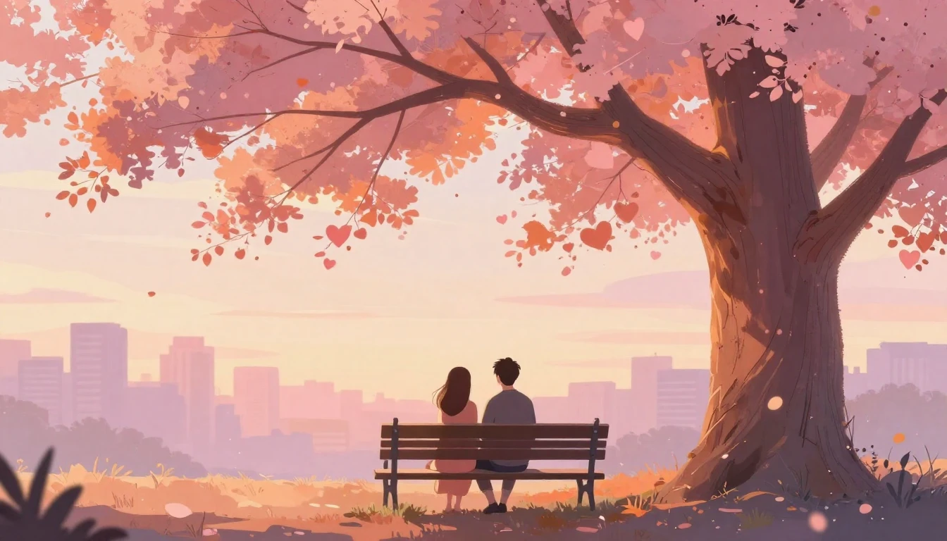 A romantic and soft illustration of a couple sitting on a pa...